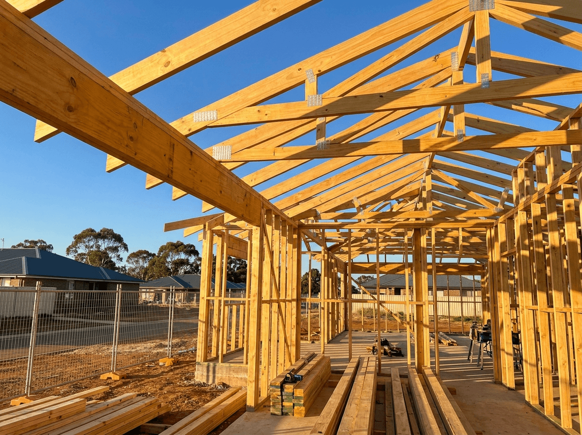 Timber roof trusses against a blue sky