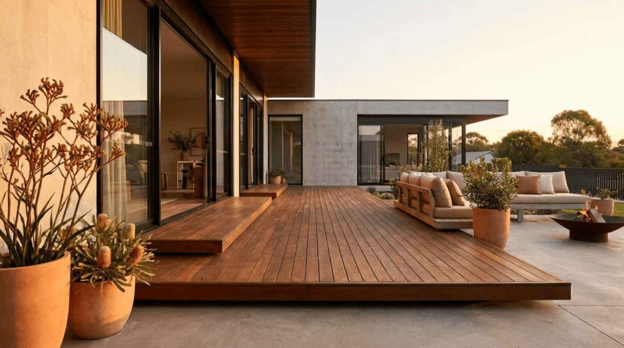 Low-profile merbau timber deck beside a modern Australian home
