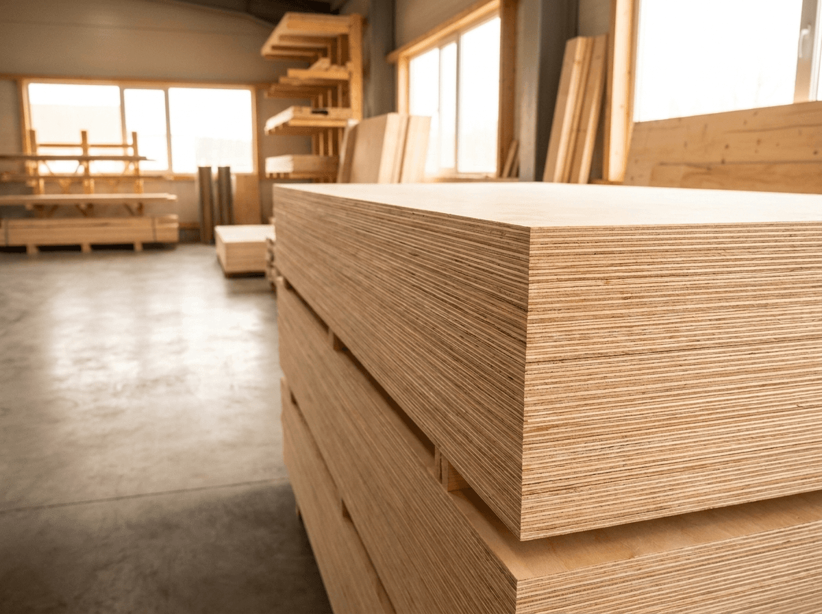 Plywood panels stacked in a workshop